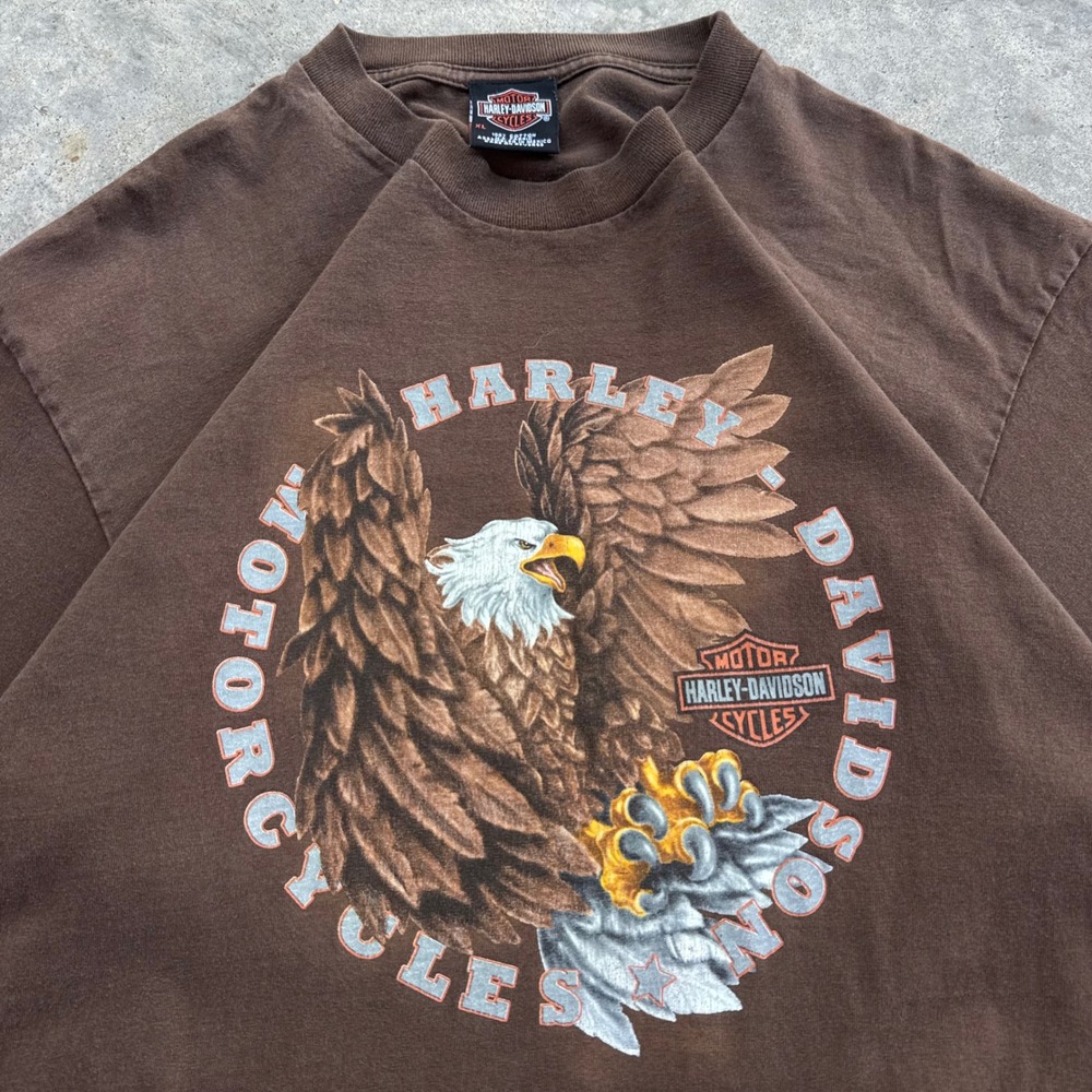 Vintage 90s Harley Davidson Eagle Graphic T-Shirt Earth Tones Brown XL (g6)